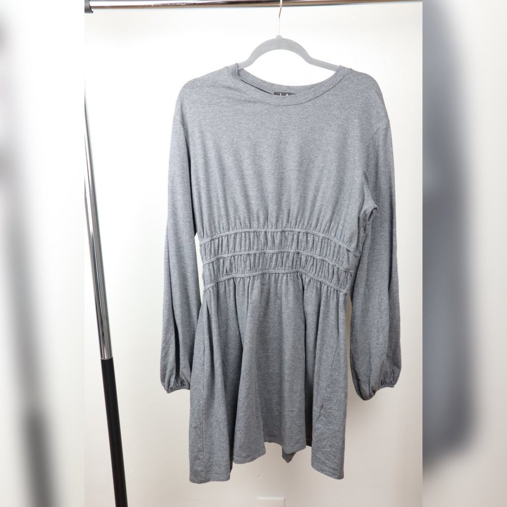 Lulus Gray Smocked Waist Long Sleeve Mini Dress XL